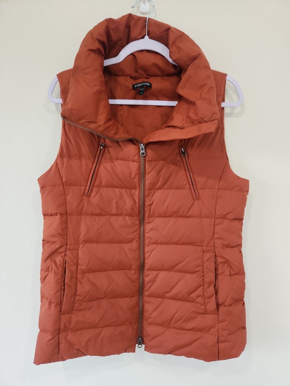 Eileen Fisher Orange Puffer Quilted Winter Vest Size Small Full Zip Pockets Down